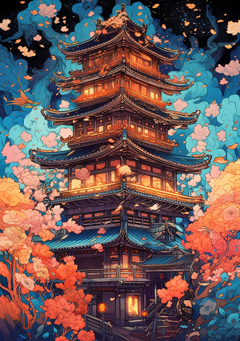 蓝色中国风国潮风亭台楼阁花草背景,插画/手绘图,插画/手绘图库,插画/手绘图下载,插画/手绘